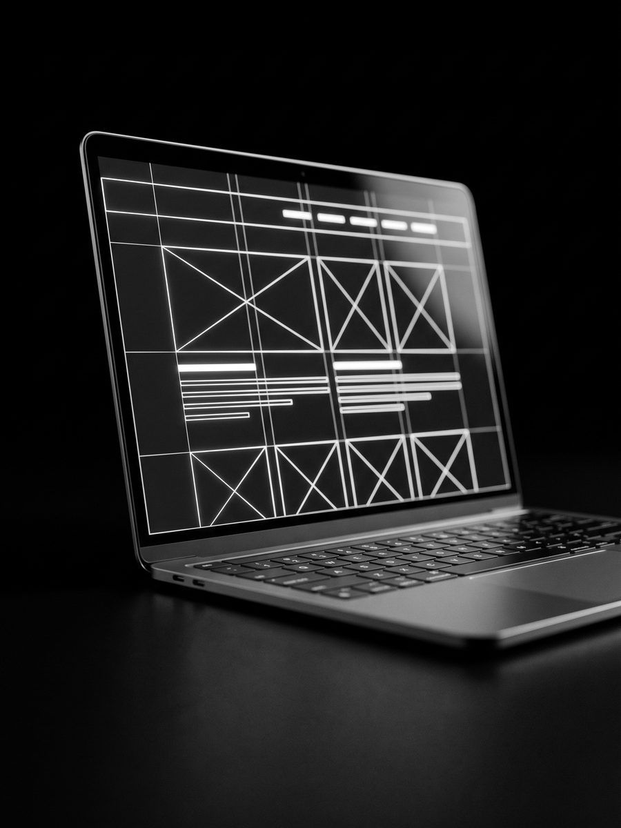 Notebook com o esqueleto de um site desenhado em linhas brancas na tela